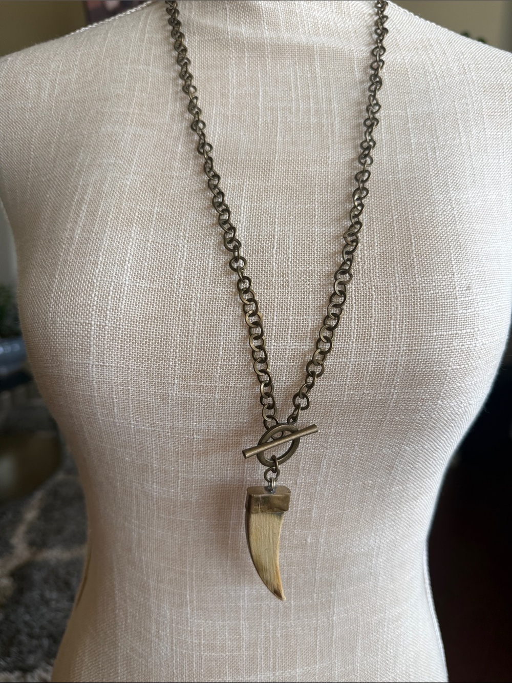 15” Drop Antique Brass Tooth Pendant Necklace in Brass Toggle